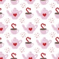 Seamless pattern of hearts, teapots and cups of tea on white background