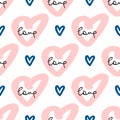 Seamless pattern with hearts and text Love. Doodle, sketch, drawn by hand. Romantic print. Royalty Free Stock Photo