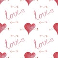 A seamless pattern with hearts and the word love and arrows.