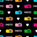 Seamless pattern with hearts, words photo, colorful cameras on t