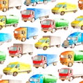 Seamless pattern heavy transport of watercolor trucks and lorries on a white background isolated for textile or fabric or wrapper Royalty Free Stock Photo