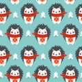 Seamless pattern with hedgehog. Christmas pattern. Vector