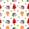 Seamless pattern with hedgehog illustrations in autumn forest.