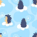 Seamless pattern with hedgehog on sky, clouds, spots and dandelion. Vector kids background Royalty Free Stock Photo