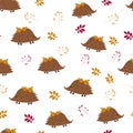 Seamless pattern: hedgehogs with apples and berries, leaves on a white background. Flat vector. Il