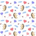 Seamless pattern hedgehogs fly on heart-shaped balloons