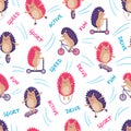 Seamless pattern with hedgehogs on rollers, skateboard, bicycle, scooter, mono wheel and with skipping rope. Royalty Free Stock Photo