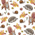 Seamless pattern with hedgehogs, squirrels, autumn leaves, berries and nuts.