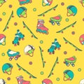 Seamless pattern with helmets, skates, skateboards