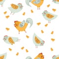 Seamless pattern with hens, roosters and chickens with a hand-drawn pattern on the wings.