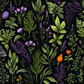 Seamless pattern with herbs and flowers on dark background. Vector illustration Royalty Free Stock Photo