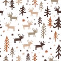 Seamless pattern with herd of deer in fir trees forest. Christmas and New Year background. Vector illustration. Royalty Free Stock Photo