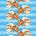 Seamless pattern with Hermit Crab in the round shell on the background with blue waves and pebbles in white.