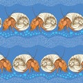 Seamless pattern with Hermit Crab in the round shell on the blue background with striped white waves and blue pebbles.