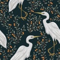 Seamless pattern with heron bird and cranberry plant. Rustic botanical background.
