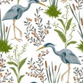 Seamless pattern with heron bird and swamp plants. Royalty Free Stock Photo