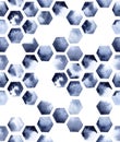 Seamless pattern with hexagons on a white background. abstract print of stains of blue paint, indigo. honeycomb, tiles. Royalty Free Stock Photo