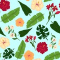 Seamless Pattern of Hibiscus and Leaves on Light Blue Background