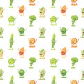 Seamless pattern with high protein vegan food characer. Almond, lentils, tofu, pistachio, pumpkin seeds, broccoli, pea