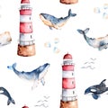 Seamless pattern with high quality handpainted watercolor whales,seashells and lighthouse in pastel colors.