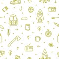 Seamless pattern with hiking and touristic equipment and tools for camping trip and travel drawn with green contour