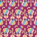 Seamless pattern of hippie guitar, rainbow and flowers. Colorful abstract happy pattern