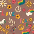 Seamless pattern in hippie style, peace, love, rainbow . Vector illustration in doodle cartoon style, elements on a dark Royalty Free Stock Photo