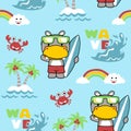 Seamless pattern of hippo cartoon with red crab, rainbow, cloud, island, wave