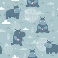Seamless pattern with hippo. Kids print. Vector hand drawn illustration Royalty Free Stock Photo