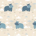 Seamless pattern with hippo. Kids print. Vector hand drawn illustration Royalty Free Stock Photo