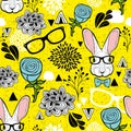 Seamless pattern with hipster rabbit. Vector art.