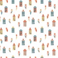 Seamless pattern with historic colorful Dutch houses with tulips, historic narrow buildings, architecture and flowers Royalty Free Stock Photo