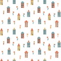 Seamless pattern with historic colorful Dutch houses with tulips, historic narrow buildings, architecture and flowers Royalty Free Stock Photo