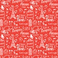 Seamless pattern Holiday shopping travel in Paris. Fashion style illustration with Eiffel Tower. Red background. Royalty Free Stock Photo