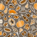 Seamless illustration  for holiday of Thanksgiving day, a simple hand-drawn patches icons on a brown background, Sepia,monochrome Royalty Free Stock Photo