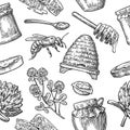 Seamless Pattern with honey, bee, hive, clover, spoon, cracker, honeycomb. Royalty Free Stock Photo