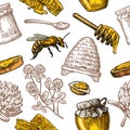 Seamless Pattern with honey, bee, hive, clover, spoon, cracker, honeycomb. Royalty Free Stock Photo