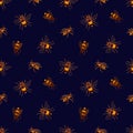 Seamless pattern with honey bees on dark background. Apiculture or beekeeping backdrop. Colorful hand drawn vector