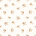 Seamless pattern with honey bees drawn with contour lines on light background. Apiculture or beekeeping backdrop