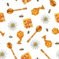 Seamless pattern with honey and chamomile. Watercolor illustration. For textiles, wrapping paper and banners, postcards