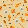 Seamless pattern with honey and chamomile. Watercolor illustration. For textiles, wrapping paper and banners, postcards