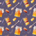 Seamless pattern with honey jar, lavender, wooden spoon and bees. Suitable for textiles, wallpaper, wrapping paper. Shop