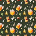 Seamless pattern with honey jar, wooden spoon, flowers and bees. Suitable for textiles, wrapping paper, wallpapers Royalty Free Stock Photo