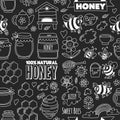Seamless pattern Honey market, bazaar, honey fair Doodle images of bees, flowers, jars, honeycomb, beehive, spot