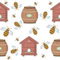 Seamless pattern with honey theme, bees, bee house, clues