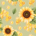 Seamless pattern with honeycombs and sunflowers. Summer texture for wallpaper, fabric, paper