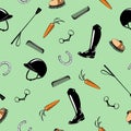 Seamless pattern with horse riding tack tool on green.