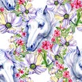 Seamless pattern with horses and flowers. For designing party invitations, greeting cards, flyers, covers, kids wearing