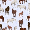 Seamless pattern with horses and foals. Equus ferus caballus females, males and foals on a golden background.