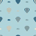 Seamless pattern with hot air balloons and clouds. Perfect print for tee, textile, paper and fabric. Simple vector illustration Royalty Free Stock Photo